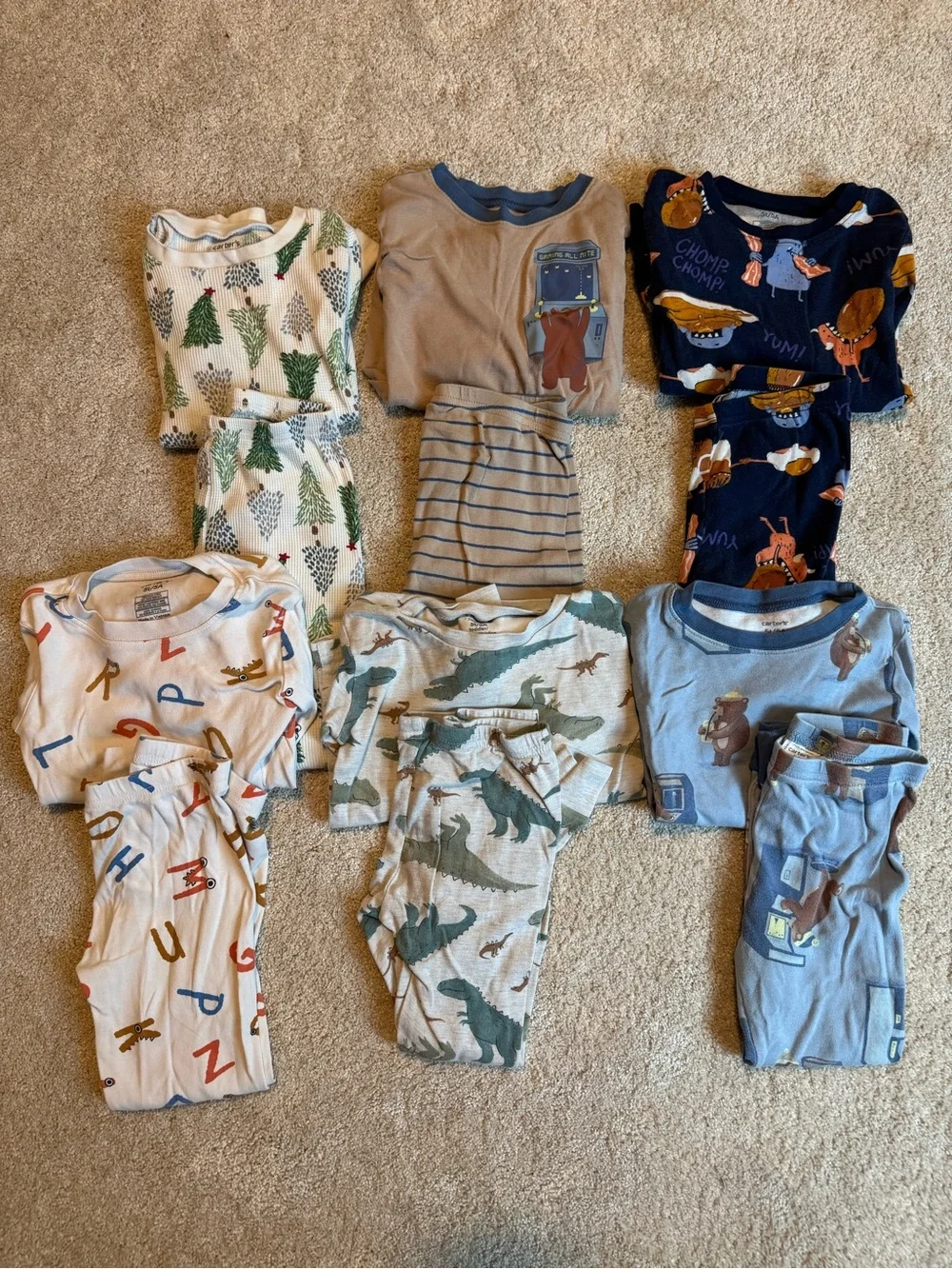5T L/S Carter's Kids Pajama Set Bundle - Blue, Green, Cream, Navy & Gray